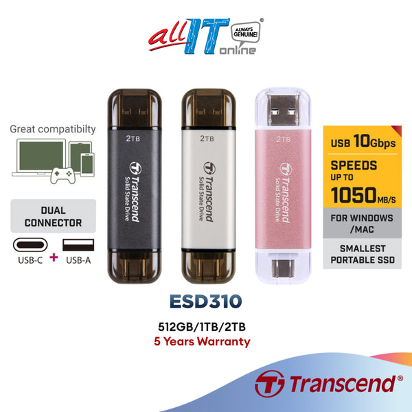 Transcend ESD310C 3D NAND Portable External SSD with USB 3.2 Type-A and Type-C Connectors - ( 512GB / 1TB / 2TB )