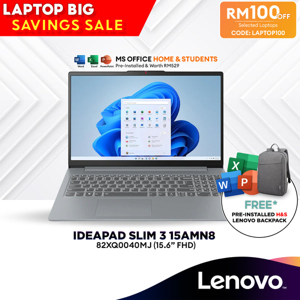 [LAPTOP100] Lenovo IdeaPad 3 Slim 15AMN8 15.6" Laptop (AMD Ryzen 5 7520U | 16GB | 512GB SSD | AMD Radeon 610M | H&S) 82XQ003WMJ/40MJ