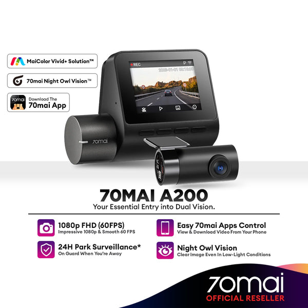 70mai A200 Dash Cam Dual Channel (Front + Rear) 1080p Full HD+ HDR Support 24Hours Parking Surveillance & Apps Control