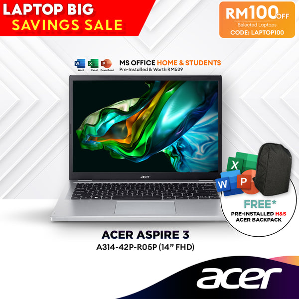 [LAPTOP100] Acer Aspire 3 A314-42P-R05P 14" FHD Laptop (AMD Ryzen™ 7 5700U |16GB | 512GB SSD | AMD Radeon™ Graphics | H&S)