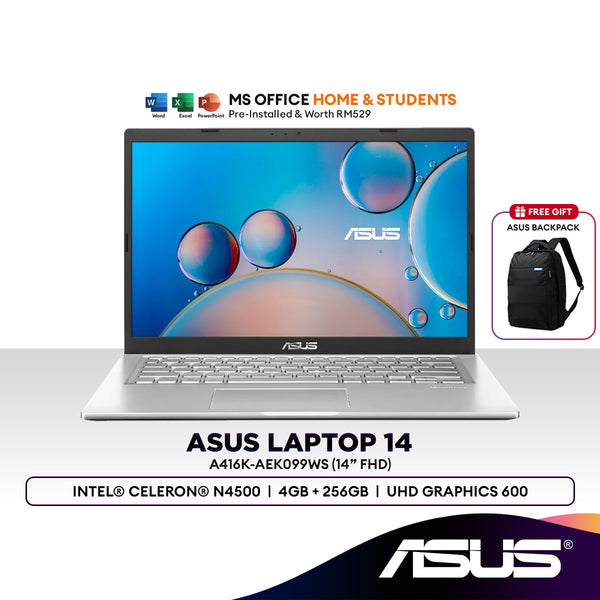 ASUS Laptop A416K-AEK099WS 14" FHD Laptop ( Intel Celeron N4500 | 4GB | 256GB SSD | UHD Graphics 600 | H&S) SIlver