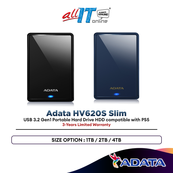 Adata HV620S Slim 1TB USB 3.2 Gen1 Portable Hard Drive HDD compatible with PS5