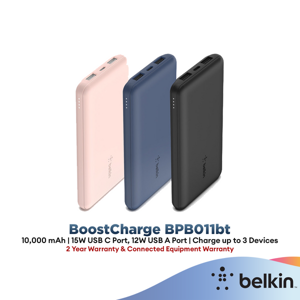 Belkin BPB011bt BoostCharge Power Bank 10000mAh 15W with USB-A to USB-C Cable | BPB011btBK Black / BPB011btBL Blue/ BPB011btRG Rose Gold