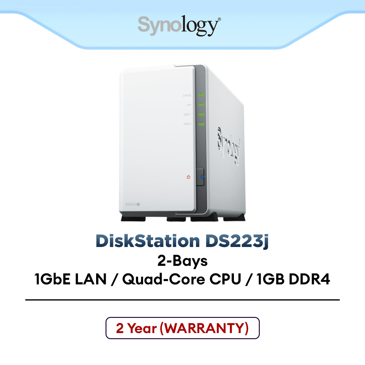 Synology DS223j NAS DiskStation 2-Bays NAS with Quad Core CPU, 1GB