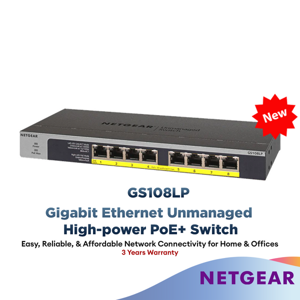 Netgear 8-Port Gigabit Ethernet Unmanaged PoE Switch (GS108LP) · 8 PoE+ ports with 60W