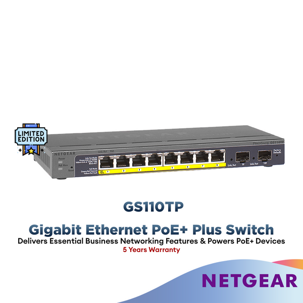 Netgear GS110TP — 10-Port Gigabit Ethernet Smart Switch with 8 PoE Ports and 2 Dedicated SFP Ports