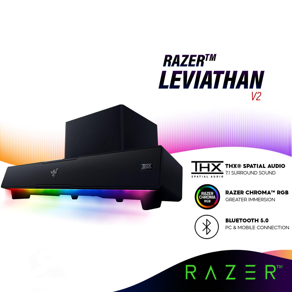 Razer Leviathan V2 PC Gaming Soundbar with Subwoofer THX