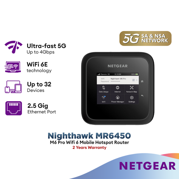Netgear Nighthawk MR6450 M6 Pro Wifi 6 Mobile Hotspot Router (5G SA/NSA) 5G Router with SIM Mobile 6E Modem Router