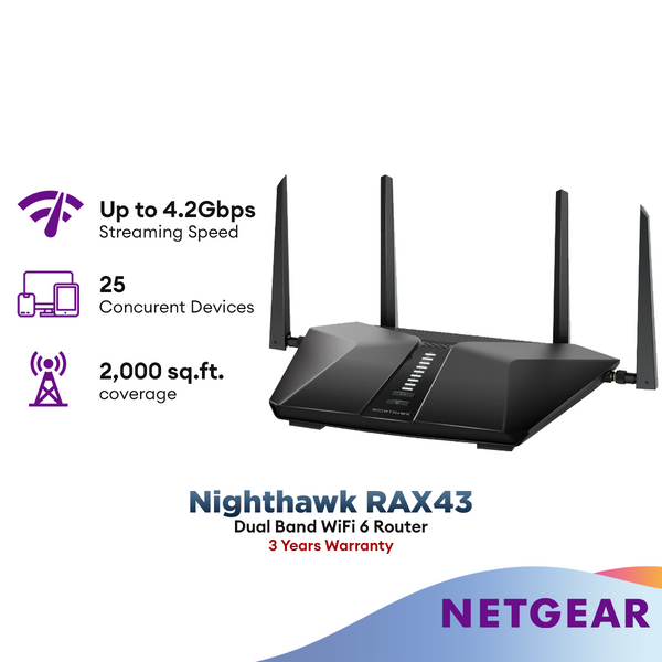 Netgear Nighthawk RAX43 AX4200 Nighthawk 5-Stream WiFi 6 Router with NETGEAR Armor & SPC