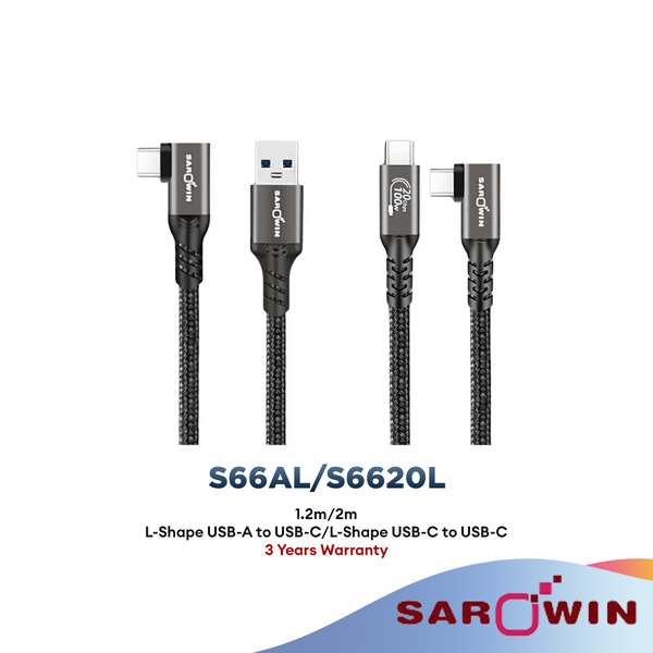 Sarowin L-Shape USB-A to USB-C 60W (10Gbps) S66AL (1.2M/2M) | USB-C to USB-C 100W (20Gbps, 4K/60Hz) S6620L (1.2M/2M)
