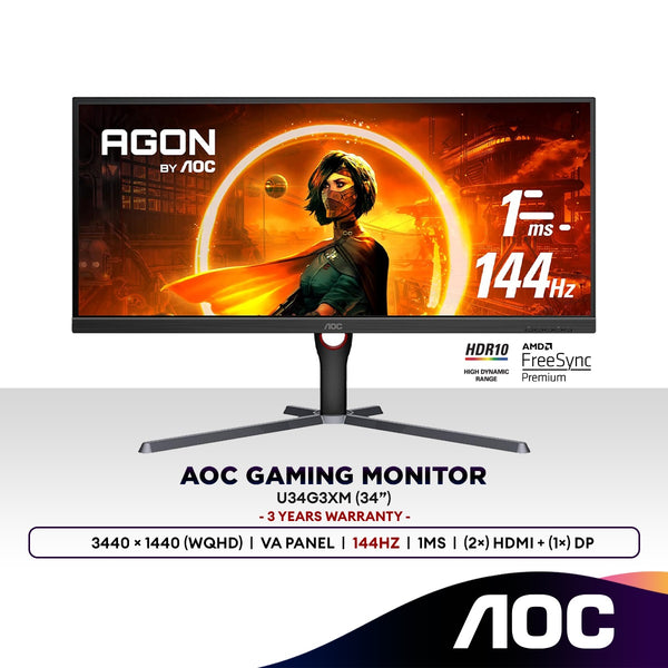 AOC U34G3XM 34” Quad HD 144Hz HDR10 UltraWide Gaming Monitor | Adaptive Sync | VA Panel | 3440 x 1440 (WQHD)