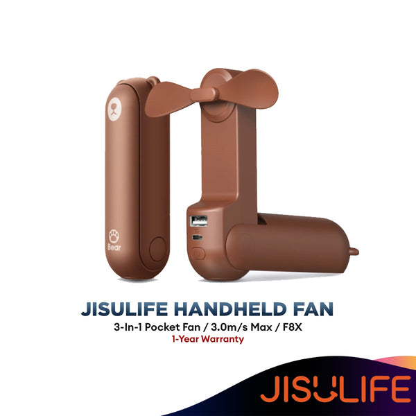 JISULIFE F8X Portable Fan / Battery Powered Portable Pocket Fan / USB Powered Handheld Fan - Brown / Pink