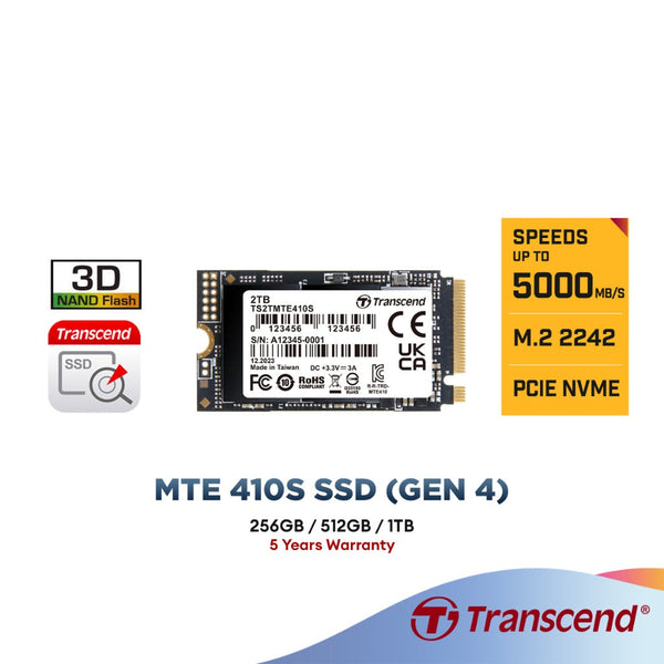 Transcend MTE410S M.2 PCIe SSD 2242 PCIe NVMe Gen4x4 3D NAND Single Sided ( 256GB / 512GB / 1TB ) - Upgrade for Laptop