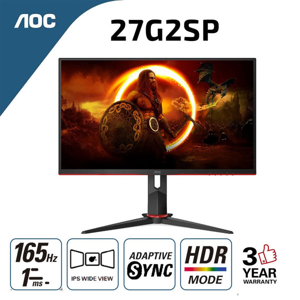 AOC 27" 27G2SP (FHD/IPS/165Hz/1Ms) HDR Gaming Monitor compatible with G-Sync Technology