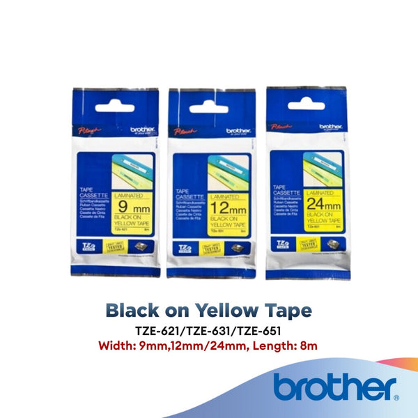 Brother Black on Yellow Tape | Brother TZE-621 Brother TZE-631 Brother TZE-651 for H110 H210 P300BT E110VP E300VP P700 P750W P900W P950NW D460BT D600