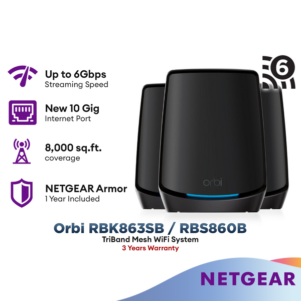 Netgear Orbi RBK863SB / RBS860B 6Gbps Triband 3Pc WiFi6 Mesh System Mesh WiFi 10 Gig Port 1 Year NETGEAR Armor