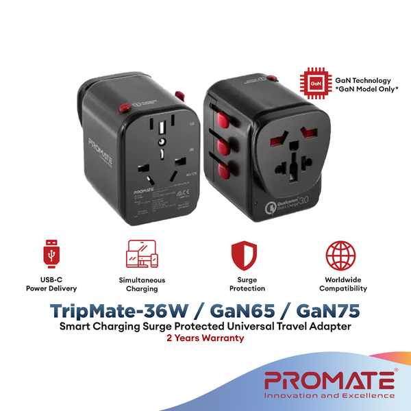 Promate TripMate-36W / TripMate-GaN65 / TripMate-GaN75 Smart Charge Surge Protected Multi-Port Universal Travel Adapter