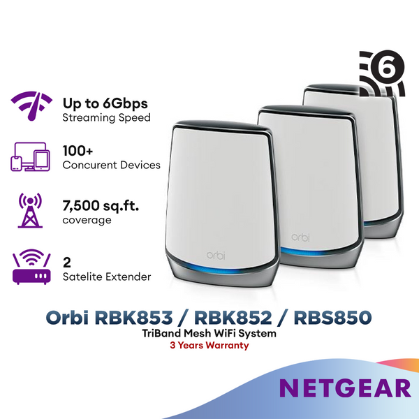 Netgear Orbi RBK853 / RBK852 / RBS850 Ultra-Performance Tri-band Mesh WiFi 6 System 11AX Mesh AX6000