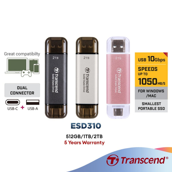 Transcend ESD310C 3D NAND Portable External SSD with USB 3.2 Type-A and Type-C Connectors - ( 512GB / 1TB / 2TB )