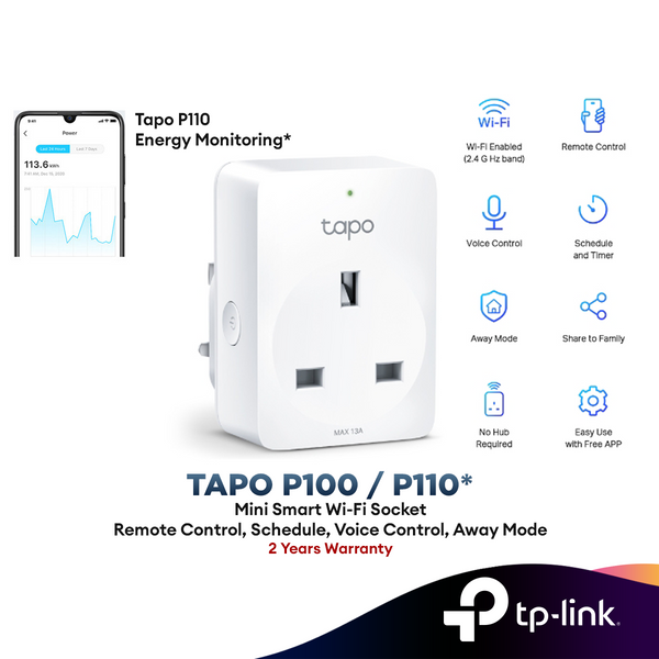 TP-Link Tapo P100 / P110 Mini Smart Home Wifi Socket Plug Remote Control Schedule Auto On/Off Energy Monitoring