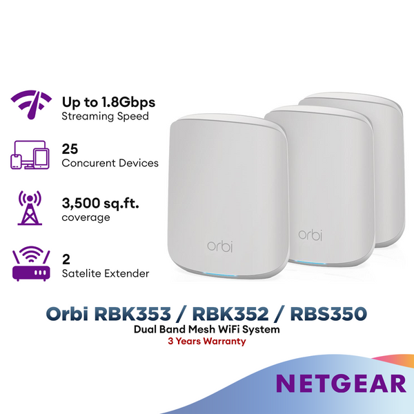 Netgear Orbi RBK353 / RBK352 / RBS350 Performance Dual Band Mesh WiFi System Mesh System Performance  AX1800 WiFi 6