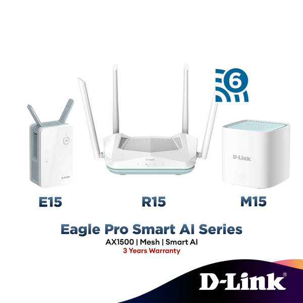 D-Link AX1500 Eagle Pro Ai Wi-Fi 6 Mesh Gigabit Router System Wireless Extender (Mesh with R15+M15+E15) R15 / M15 2 Pack / M15 3 Pack / E15