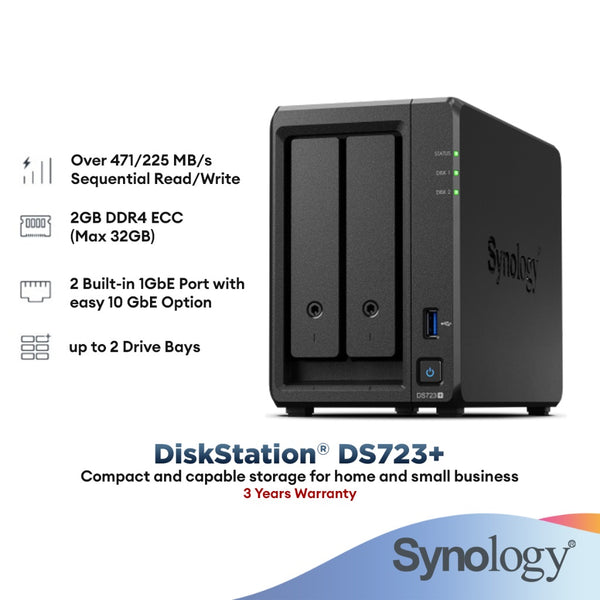 Synology DS723+ 2 Bays NAS DiskStation with Dual Core CPU | 2GB Memory | 2-Bays NAS Data Back Up Storage | NAS Storage