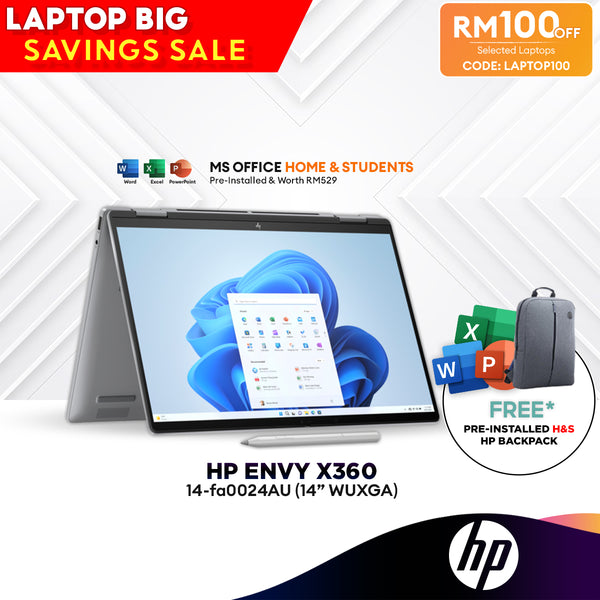 [LAPTOP100] HP Envy X360 14" 2-in-1 Laptop (Ryzen™ 5 8640HS/CU5-125U | 16GB | 512GB SSD | Radeon™ Graphics/Iris XE Graphics | H&S)