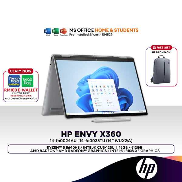 HP Envy X360 14" 2-in-1 Laptop (Ryzen™ 5 8640HS/CU5-125U | 16GB | 512GB SSD | Radeon™ Graphics/Iris XE Graphics | H&S)
