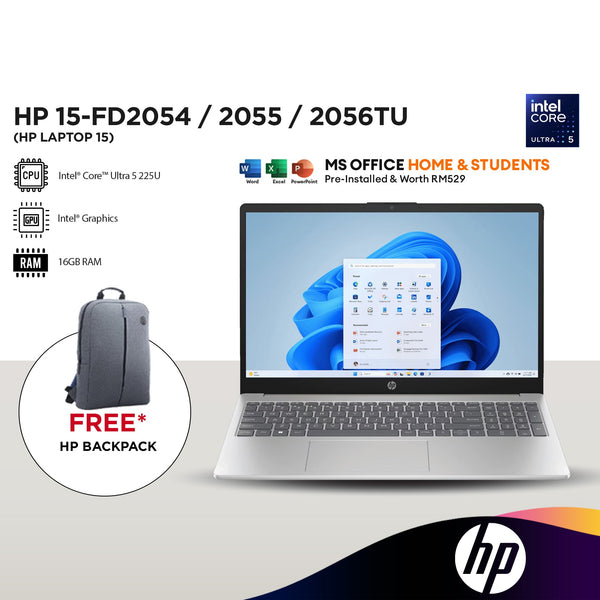 HP Laptop 15-fd2054/55/56TU 15.6" FHD Laptop (Intel® Core™ Ultra 5 225U | 16GB | 512GB SSD | Intel® Graphics | W11)