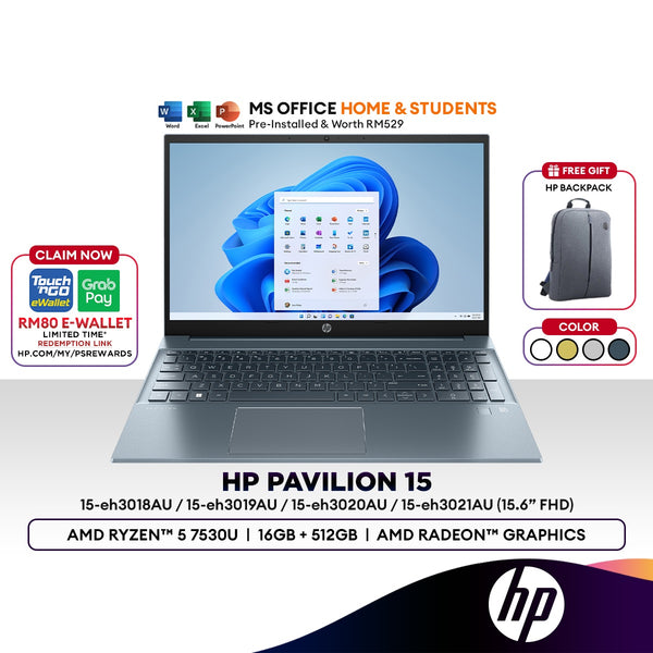 HP Pavilion 15.6" Laptop (AMD Ryzen™ 5 7530U | 16GB | 512GB SSD | Radeon Graphics | H&S) 15-eh3018AU /19AU /20AU/ 21AU