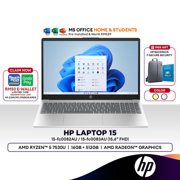 HP 15-FC0082AU / 15-FC0083AU 15.6" FHD Laptop (Ryzen™ 5 7530U | 16GB | 512GB SSD | AMD Radeon™ Graphics | Pre-Installed MS Home & Students)