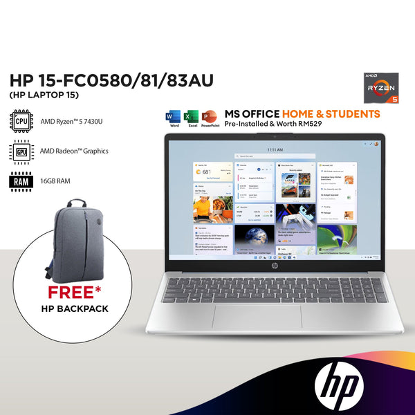HP Laptop 15-fc0580/81/83AU 15.6" FHD Laptop (AMD Ryzen™ 5 7430U | 16GB | 512GB SSD | AMD Radeon™ Graphics | H&S | W11)