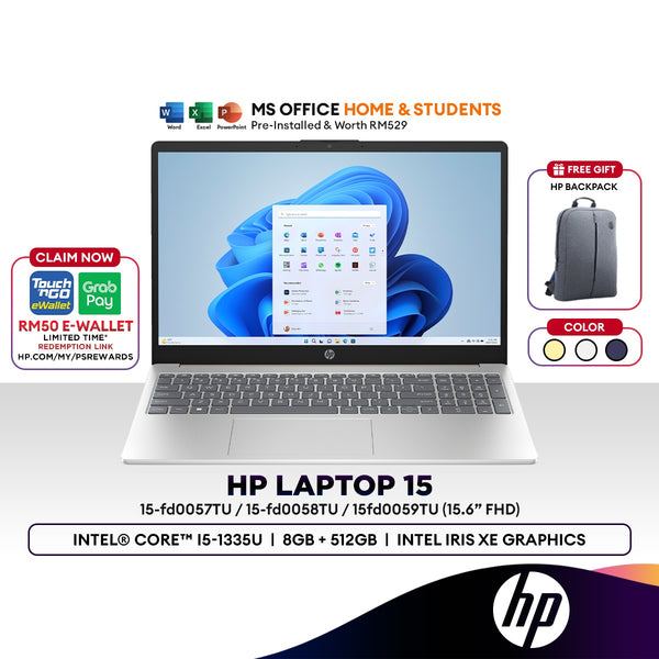 HP 15-fd0057TU/fd0058TU/fd0059TU Laptop (Intel® Core™ i5-1335U, 8GB+512GB, Free Microsoft Office, On-Site Warranty)