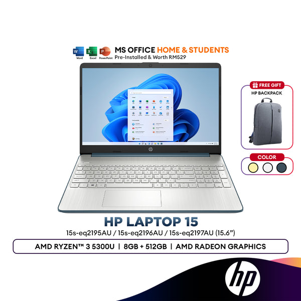 HP Laptop 15s-eq2195AU/eq2196AU/eq2197AU 15.6" Laptop (AMD Ryzen 3 5300U | 8GB | 512GB SSD | AMD Radeon Graphics | H&S)