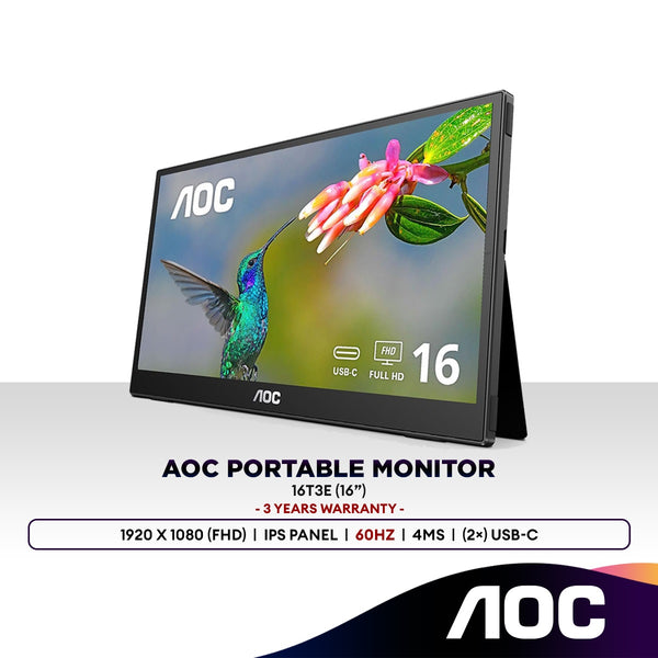 AOC 16T3E 16" Full HD USB-C Portable Monitor | IPS Panel | Built-In-Speaker | 1920x1080 (FHD)