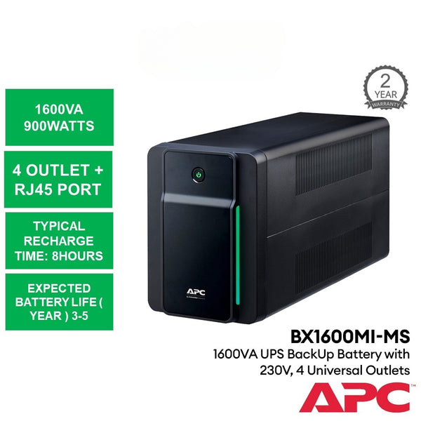 APC BX1600MI-MS UPS Backup Battery 1600VA, 230V, AVR Automatic Voltage Stabilizer with 4 Universal Outlets