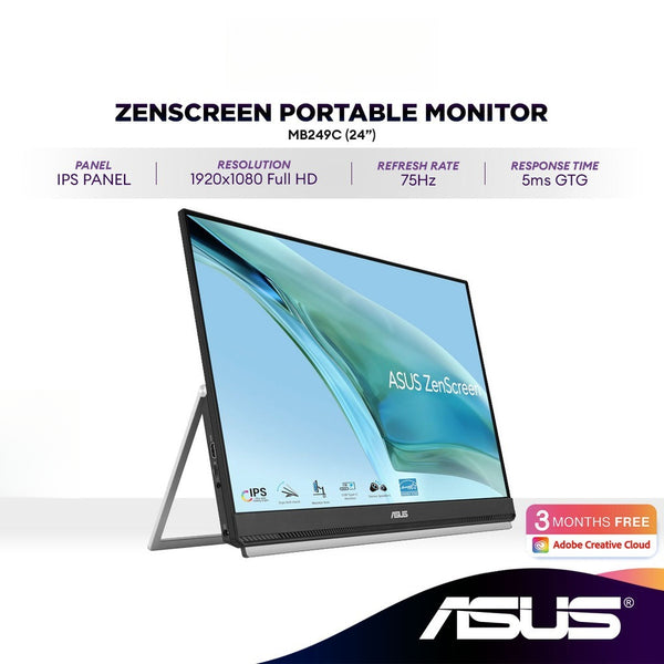 ASUS ZenScreen MB249C 24" FHD Portable Monitor | IPS | 75Hz | 60W USB-C | Anti-glare | Built-in Speaker | Partition Hook