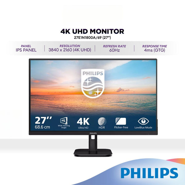 PHILIPS 27E1N1800A/69 27" 4K UHD 60Hz IPS Office Monitor | 4ms GTG | HDR | Adaptive Sync | Built-in Speakers