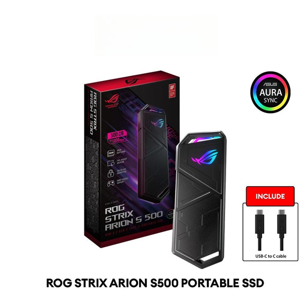 ASUS ROG Strix Arion S500 Portable SSD - USB-C 3.2 NVMe SSD Gen2 DRAM (500GB) Data Encryption and Aura Sync