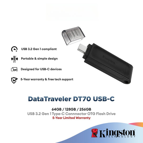Kingston Pendrive Data Traveler 70 USB-C 3.2 Gen 1 Flash Drive Type-C OTG  (64GB/128GB/256GB)