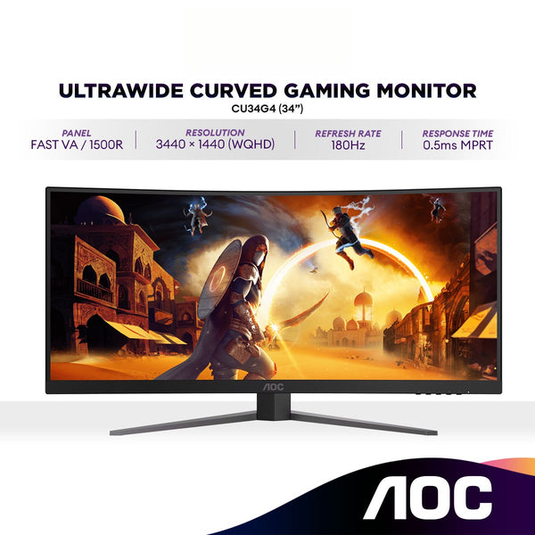 AOC CU34G4 34" Curved Gaming Monitor (3440×1440) WQHD UltraWide 21:9 | 180HZ | 0.5ms | Adaptive Sync | VA 1500R | HDR10