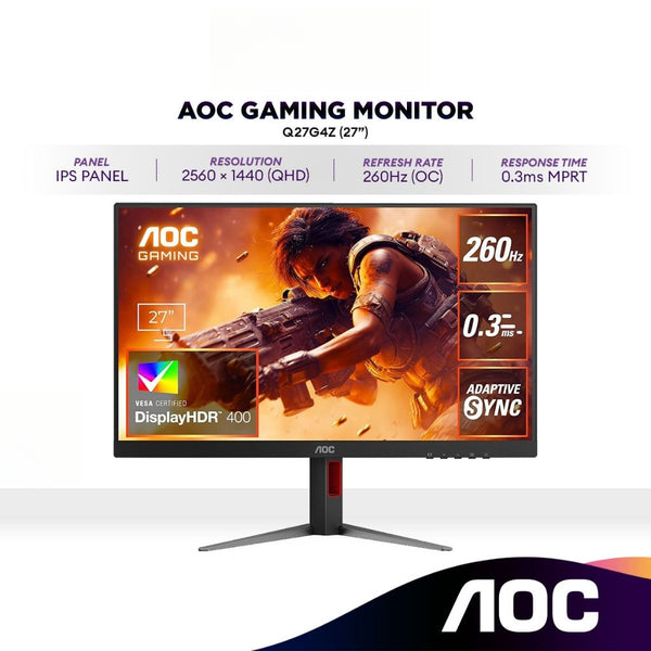 AOC Q27G4Z 27" QHD IPS 260Hz (OC) HDR400 Gaming Monitor | 0.3ms | Adaptive Sync | Low Input Lag | Flicker-free