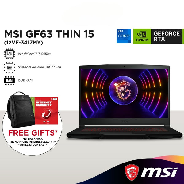 MSI GF63 Thin 15 12VF-3417MY 15.6"FHD Gaming Laptop (Intel i7-12650H  | 16GB | 512GB SSD |  NVIDIA® RTX™ 4060 | W11)