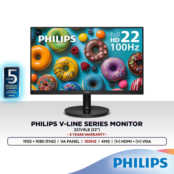 Philips 221V8LB 22" FHD 100Hz VA Monitor | Adaptive Sync | LowBlue Mode | Flicker Free