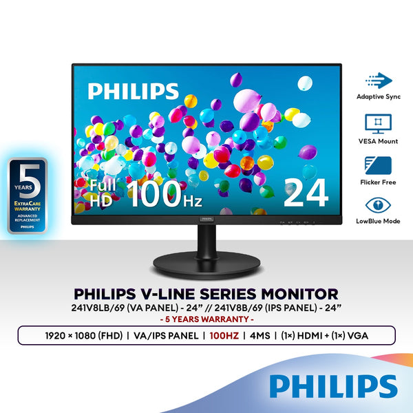 Philips 241V8LB (VA) / 241V8B (IPS) 24" Monitor Full HD 100Hz 4ms With Adaptive-Sync | 1920x1080 (FHD)