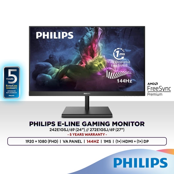 Philips 272E1GSJ (27") / 242E1GSJ (24") Full HD 144Hz 1ms Gaming Monitor | AMD FreeSync Premium | VA Panel | 1920x1080