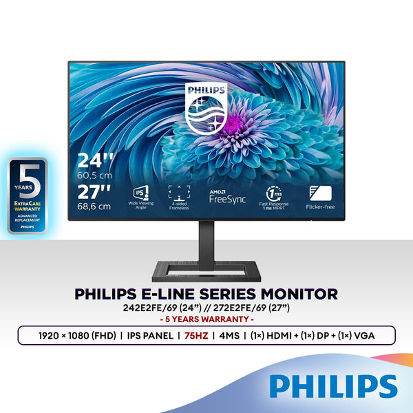 Philips 242E2FE (24") / 272E2FE (27") FHD 75hz Monitor | AMD FreeSync™ | IPS Panel | Height Adjustment