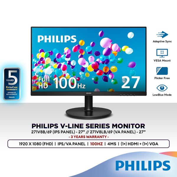 Philips 271V8LB (VA) / 271V8B (IPS) 27" Monitor Full HD 100Hz 4ms With Adaptive-Sync | 1920x1080 (FHD)