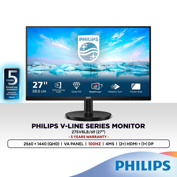 Philips 275V8LB 27” Quad HD 100Hz Monitor | Adaptive Sync | VA Panel | 2560 x 1440 (QHD)